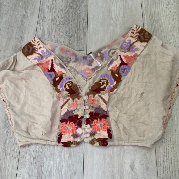 Free people boho embroidered‎ crop top neutral size 0 *hole* - Picture 1 of 7